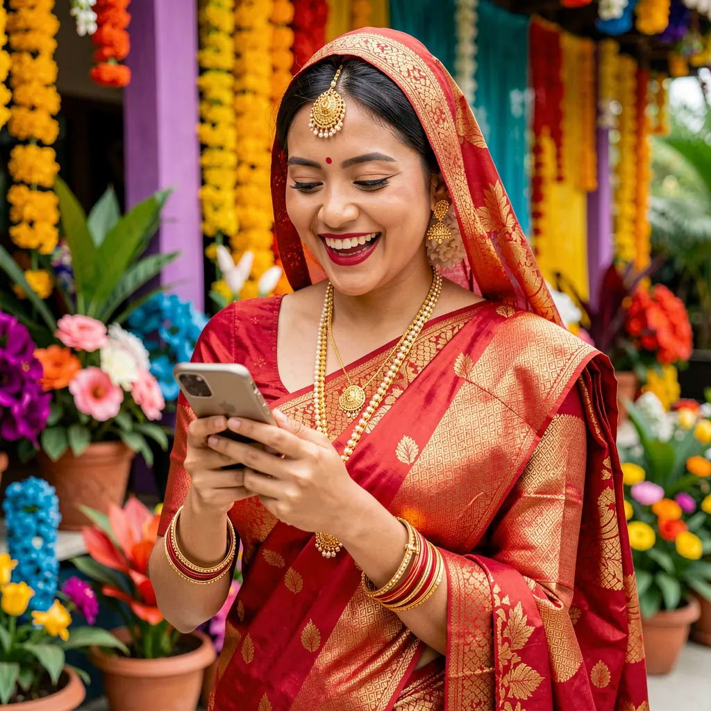 Stylish Malaysian woman in a traditional sari enjoying the ONG66 casino app on her smartphone with a bright and colorful city background