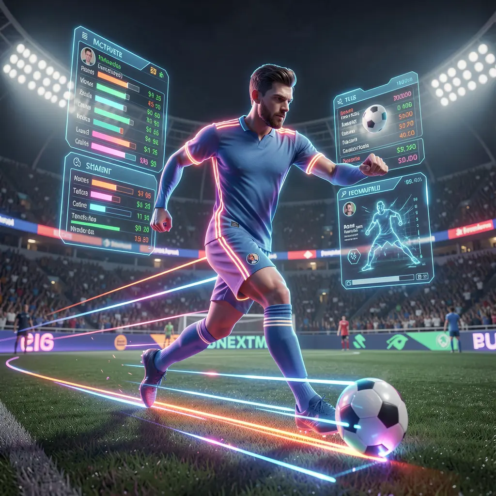 Dynamic holographic soccer player surrounded by floating betting options and digital effects showcasing the advanced sports betting interface of ONG66 in Malaysia