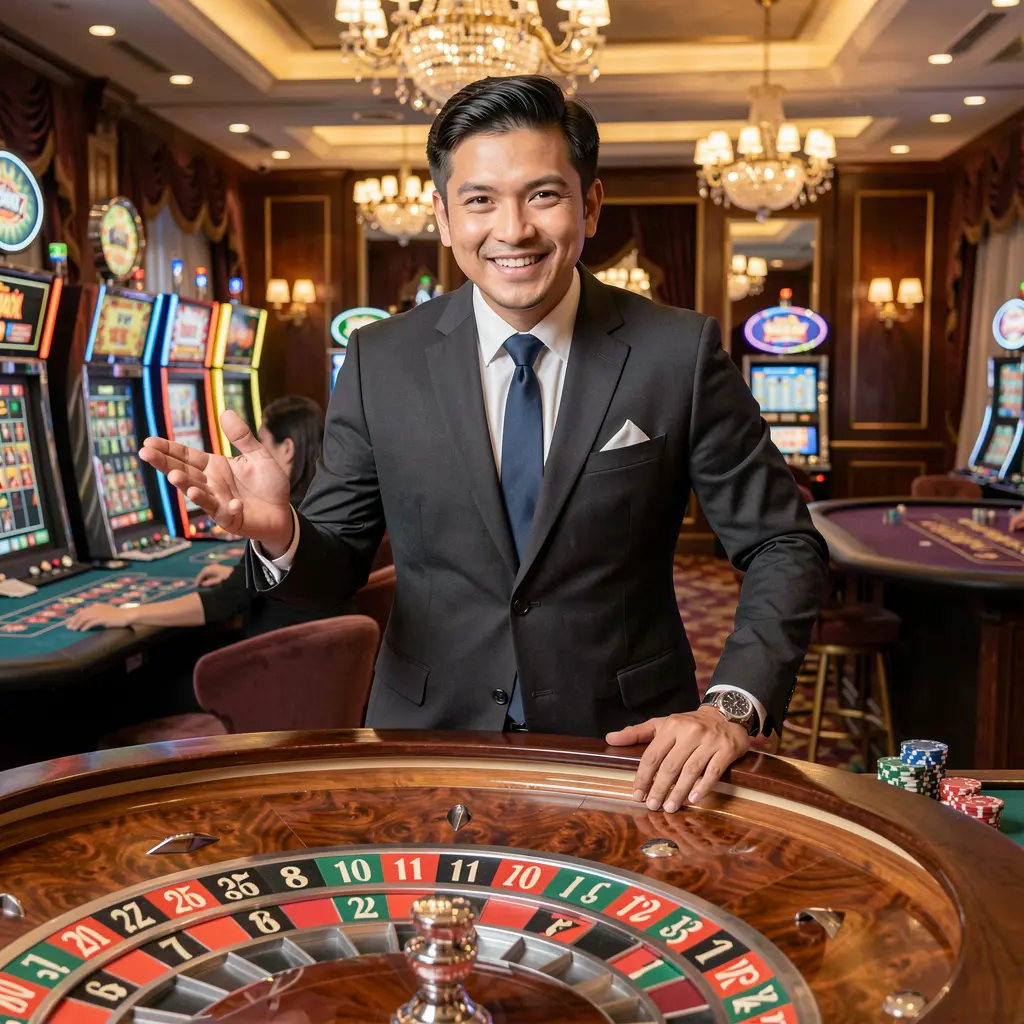 Professional live casino dealer at a roulette table in a luxury studio with dramatic lighting showcasing the premium live gaming environment of ONG66 for players in Malaysia